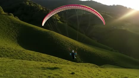 exciting paragliding activity takes place over lush green hills at sunset. the thrill of flying and breathtaking views make this experience unforgettable in nature's beauty.