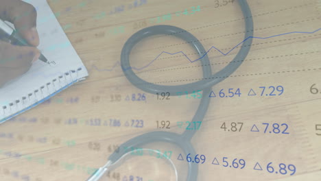 writing in notebook, stethoscope and financial data animation over wooden surface