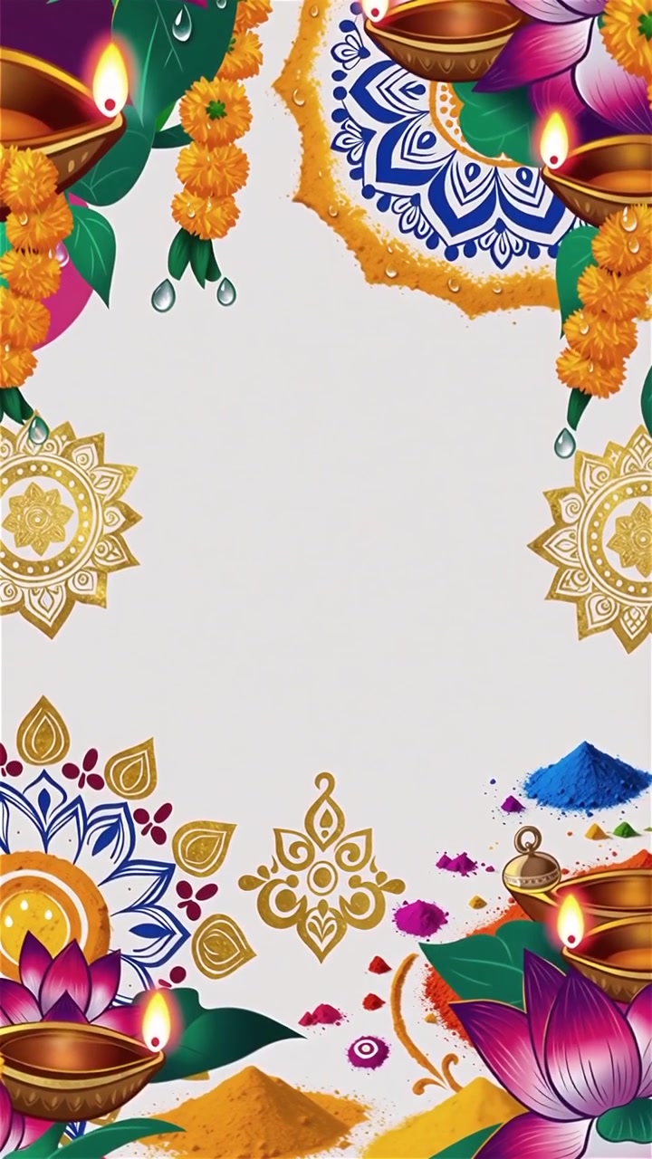 Sfondo Diwali con Diyas luminosi, Rangoli e fiori di loto