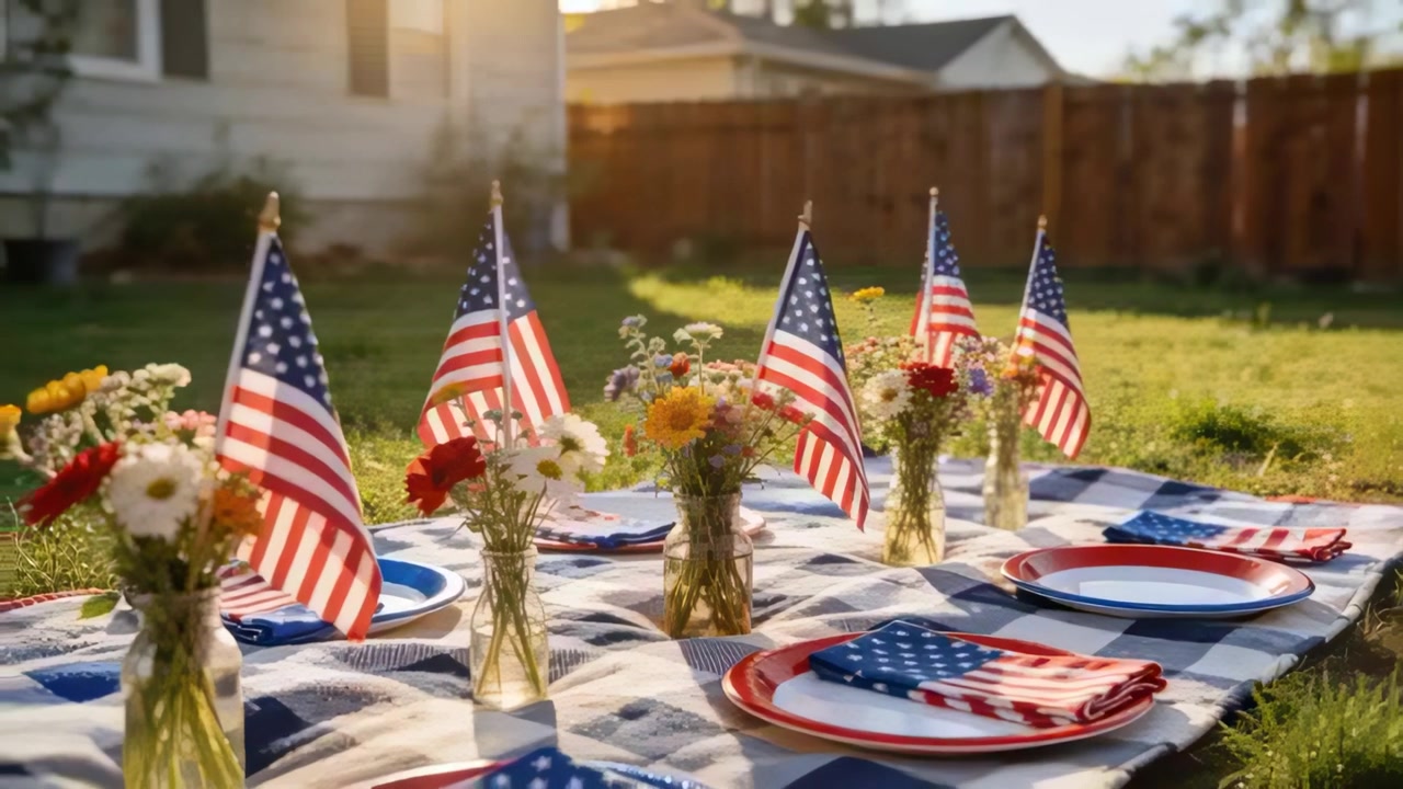 Shifting camera as sun and breeze causing picnic reveal on checkered yard blanket, flags fluttering