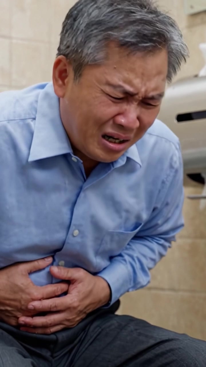 An individual experiencing acute abdominal pain, highlighting distress and discomfort in a restroom setting, showcasing the physical toll of sudden illness.
