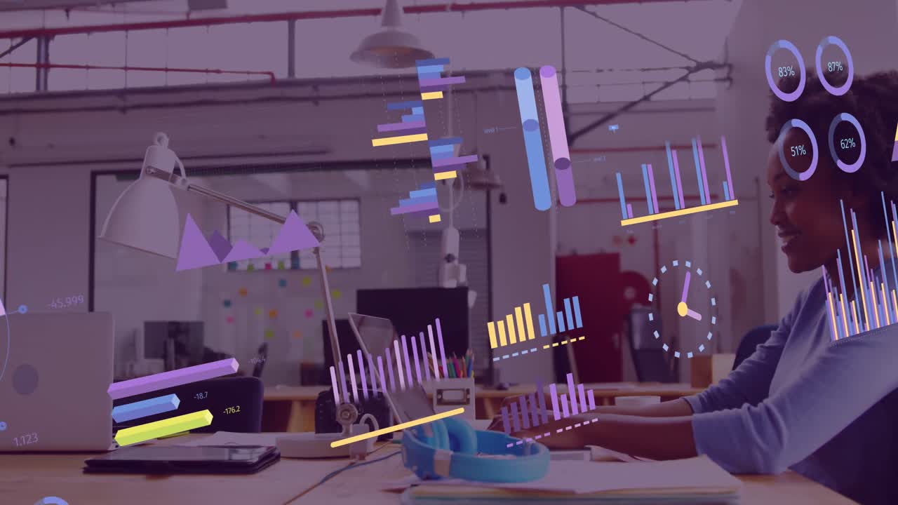 Animation of financial data processing over african american businesswoman in office