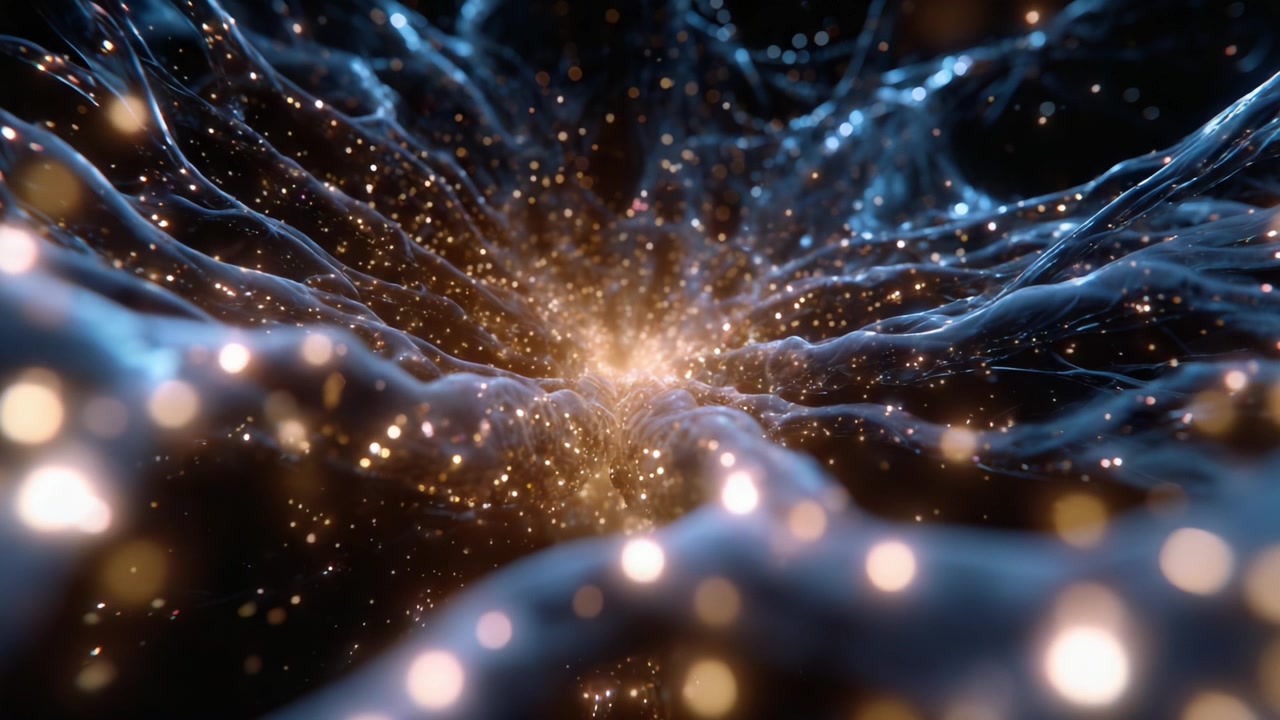 A mesmerizing visualization of cosmic energy, depicting swirling strands of light and color merging in a captivating dance of particles and cosmic wonder.