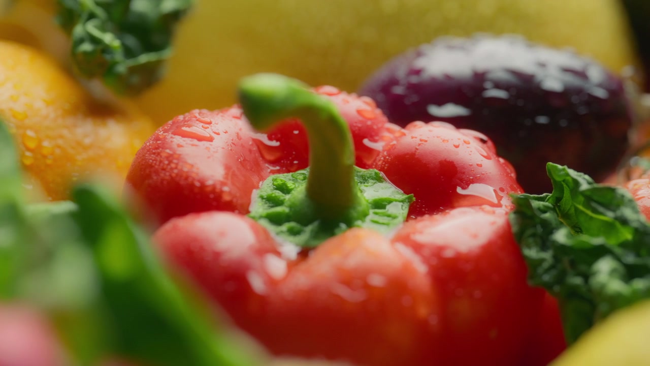 Nærbillede af rød peberfrugt dækket af vanddråber