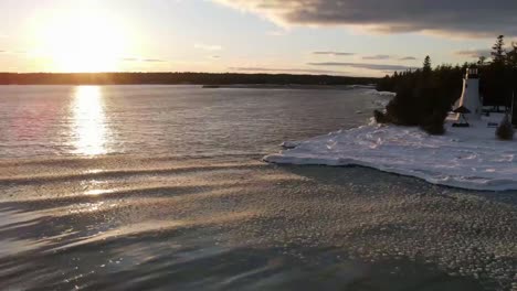 Time-lapse-of-Old-Presque-Isle-Lighthouse-in-Michigan-during-the-winter-with-a-sunset