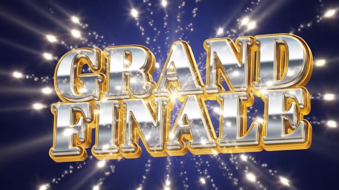 Animation de texte promotionnel "Grand Final" avec une typographie 3D dorée et des effets de lumière dynamiques