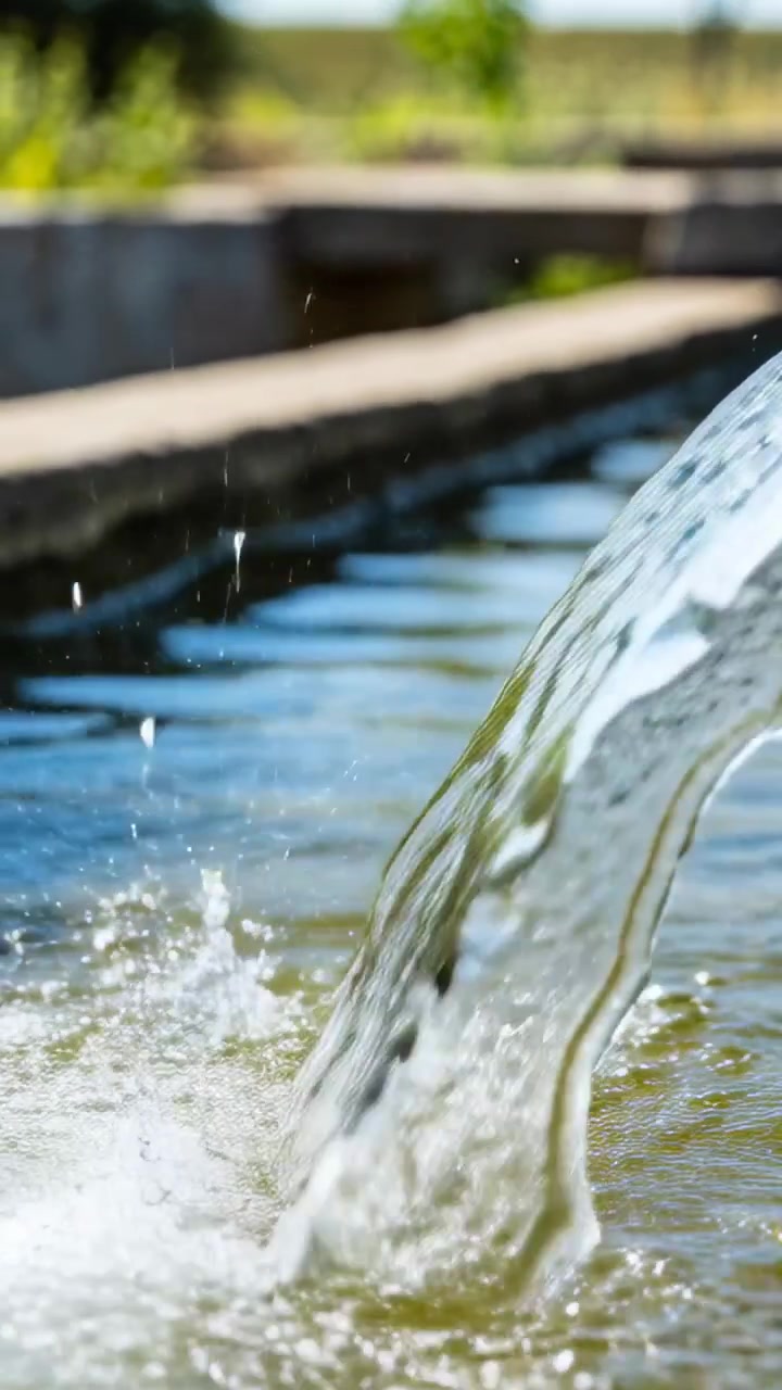 Vídeo vertical: Jato de fonte em arco jorrando de um bico em uma piscina de parque para decoração, com espaço para texto