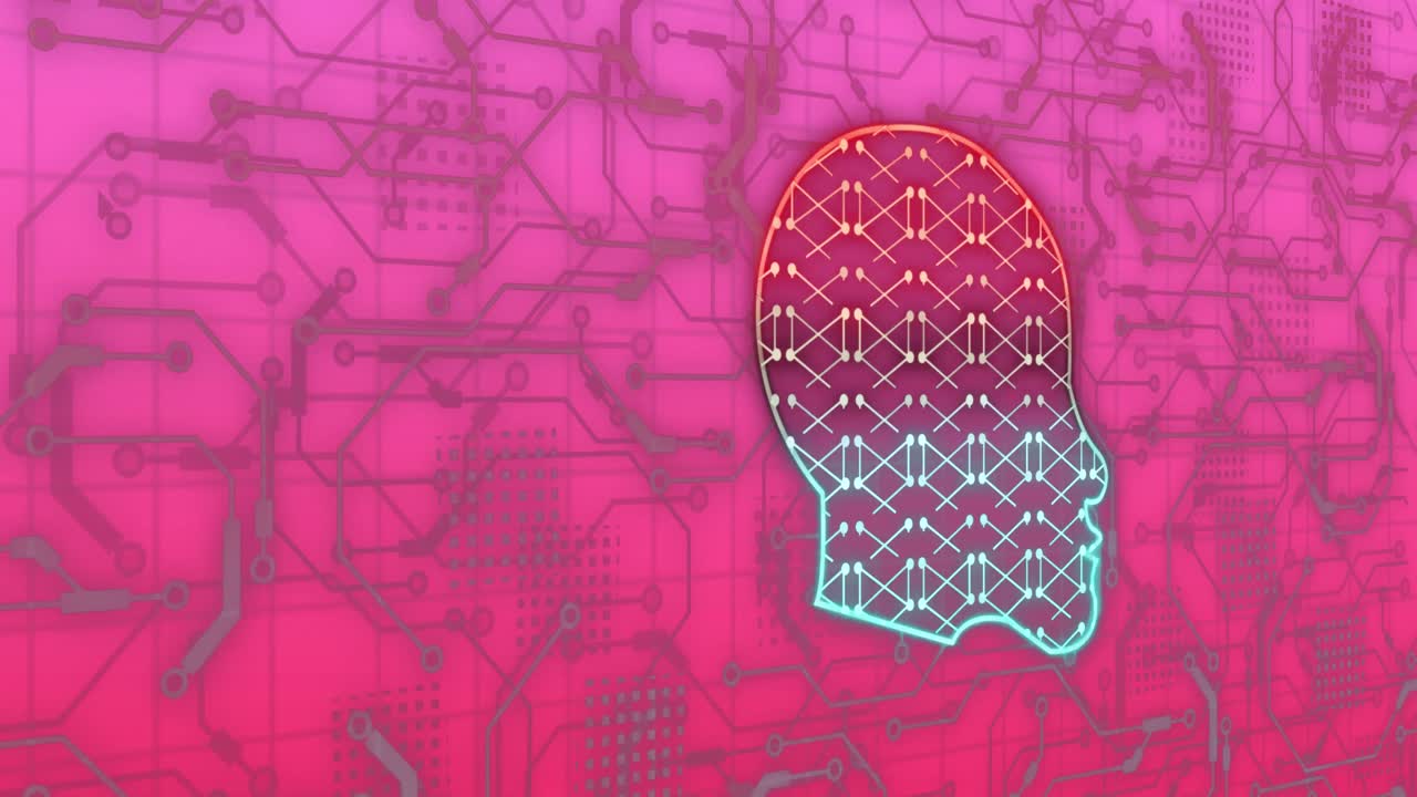 animación de la cabeza humana, conexiones y procesamiento de datos a través de una placa de circuitos.