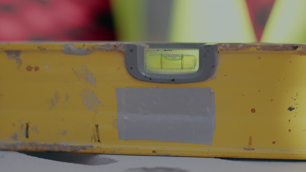 Closeup of green liquid in yellow level's vial on wall at construction site