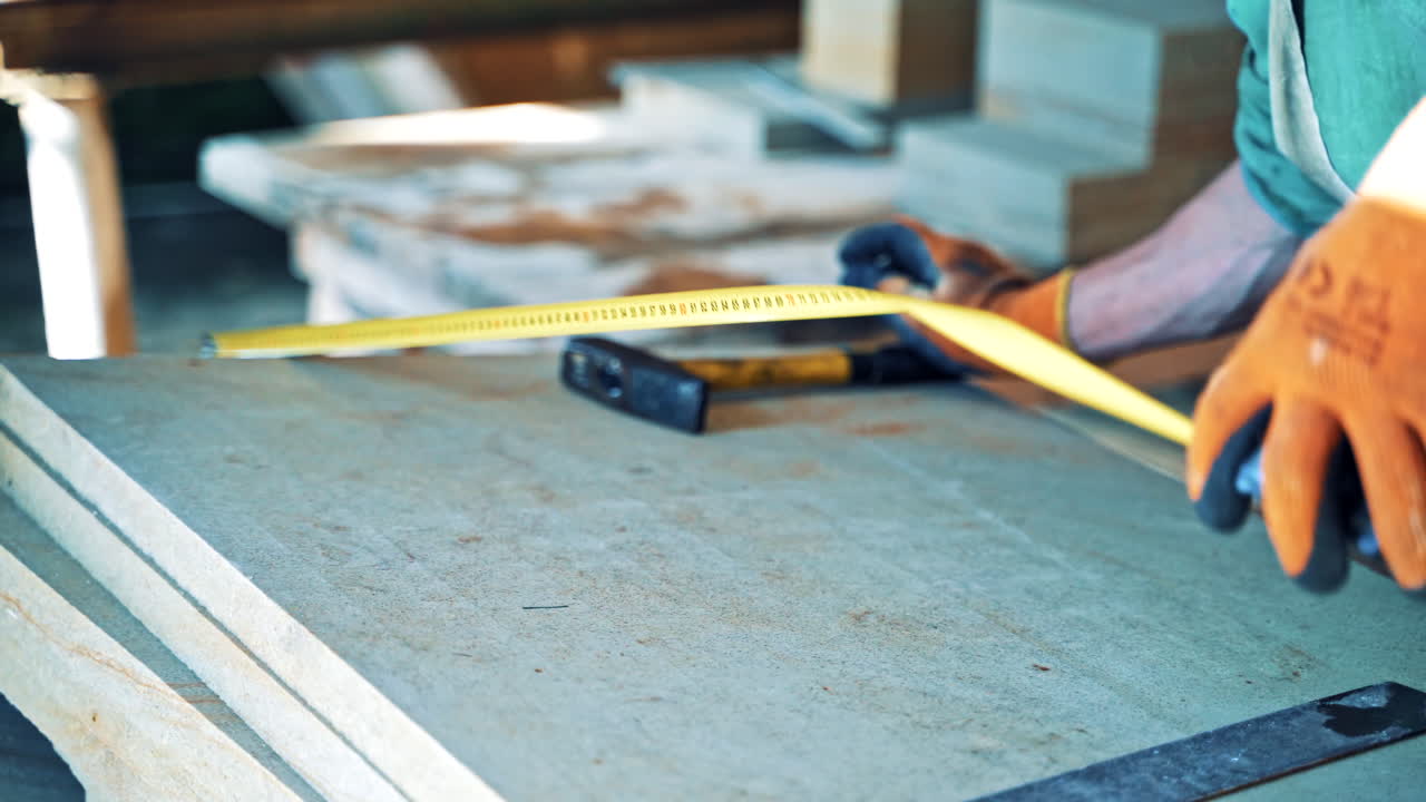 Worker in special uniform measures the stone slabs in factory. Man with the tape measure ticks off by marker on a slab in manufacture.