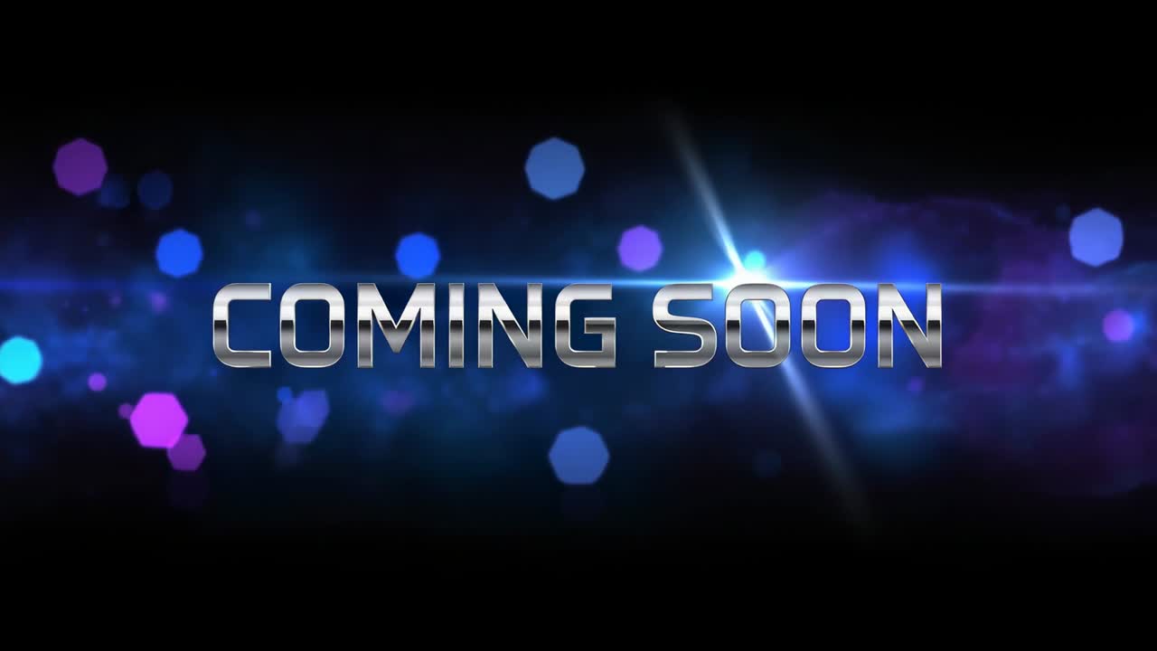 Appearing, metal COMING SOON lettering on nebula, drifting hexagonal bokeh and lens flare looping
