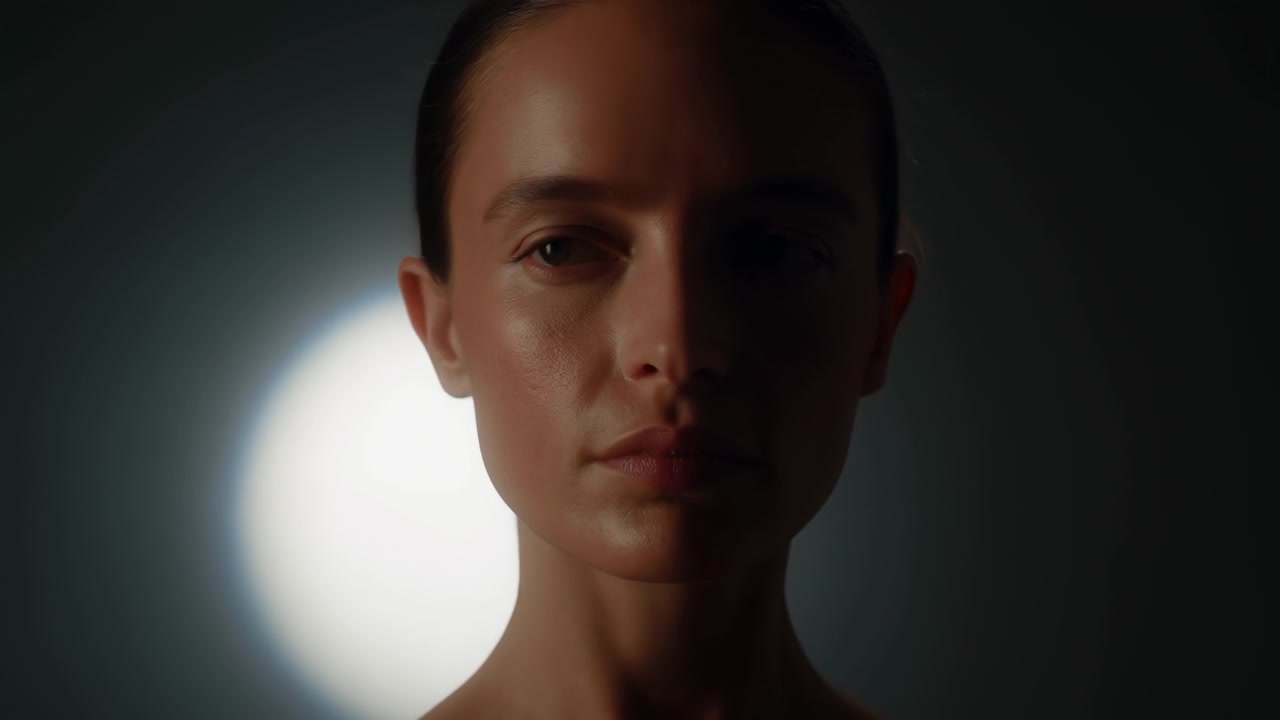 Close-up portrait follows a woman rotating her face steadily across frame, revealing changing highlights and shadows while a bright round light glows behind her against a dark minimal setting.