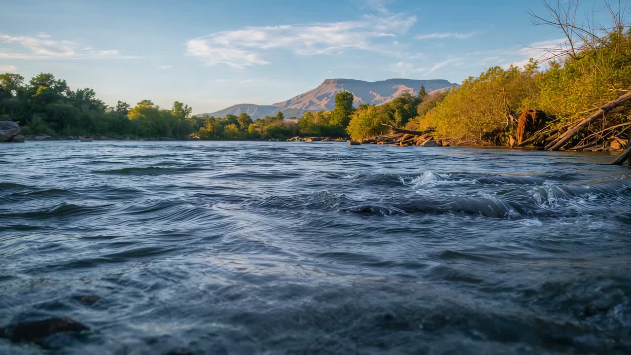 Superficie di un fiume che scorre formando striature di schiuma a livello dell'acqua, corrente che colpisce rocce sommerse
