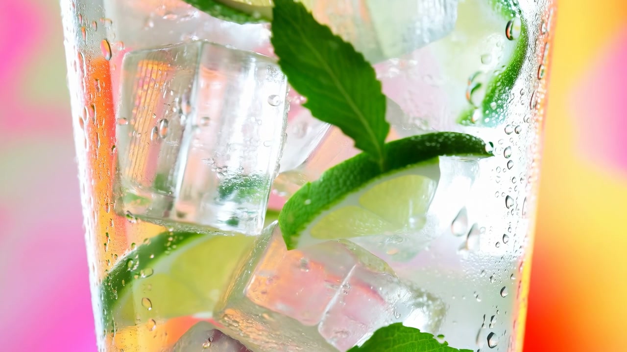 Refreshing Mojito Glass With Ice, Lime Wedges And Mint Leaves Against Vibrant Neon Sunset Background