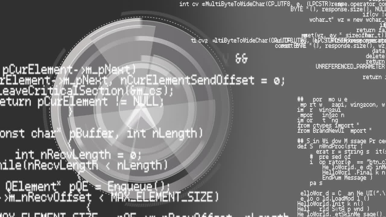 animación de escaneo de alcance circular con manecillas de reloj e información en blanco sobre gris