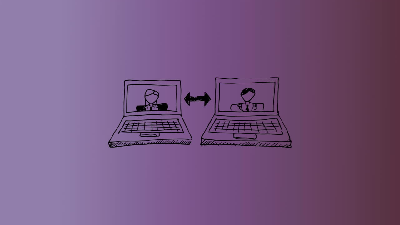 Hand-drawn laptops with person on screen animation over purple gradient background