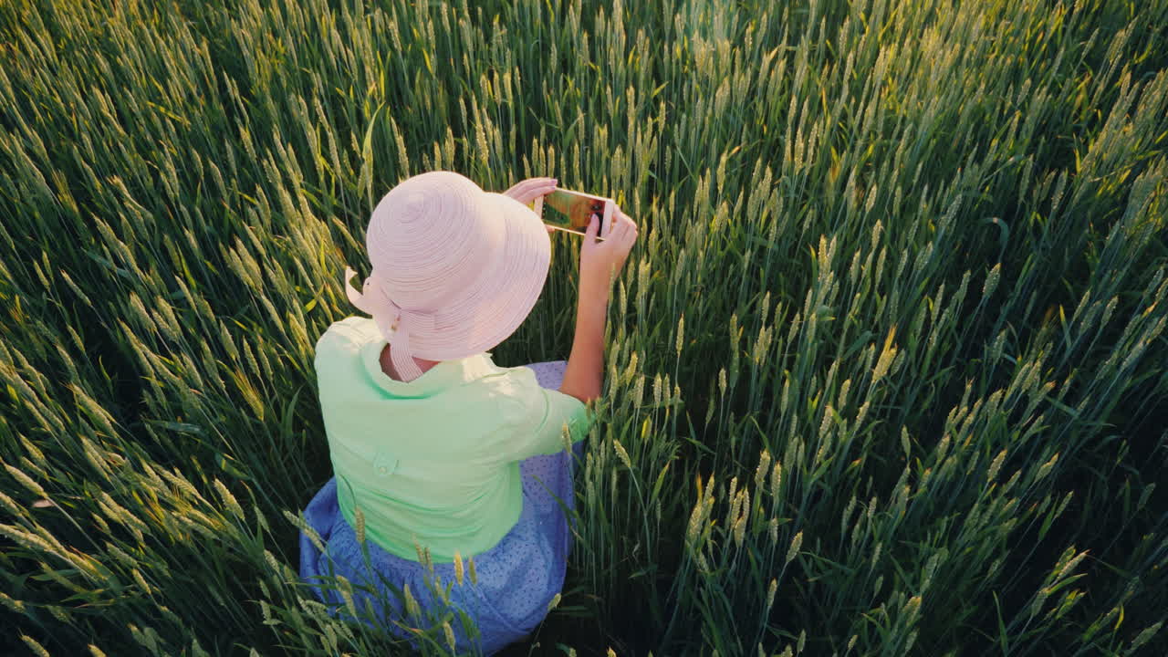 한 여성 농부가 스마트폰 유기농 개념을 사용하여 녹색 밀 이삭을 촬영하고 있습니다.