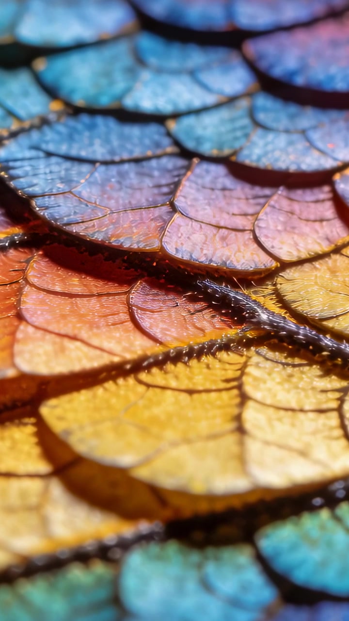 Video verticale: Luce cangiante che fa brillare le squame iridescenti delle ali in macro, mostrando i peli delle venature.