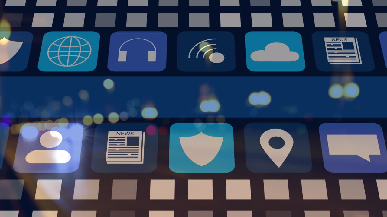 Animation of digital social media icons and data processing on blue background