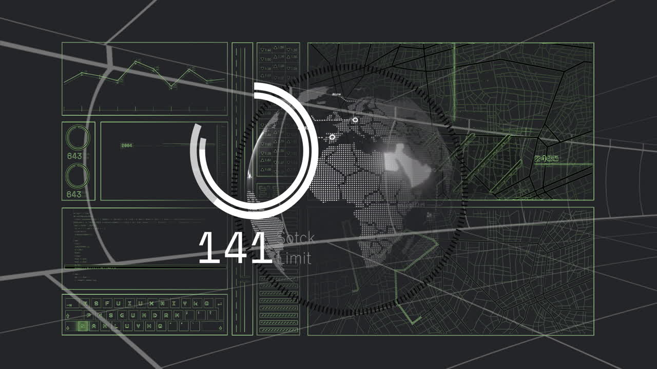 Animation of digital interface with world map, data graphs, number 142 highlighted