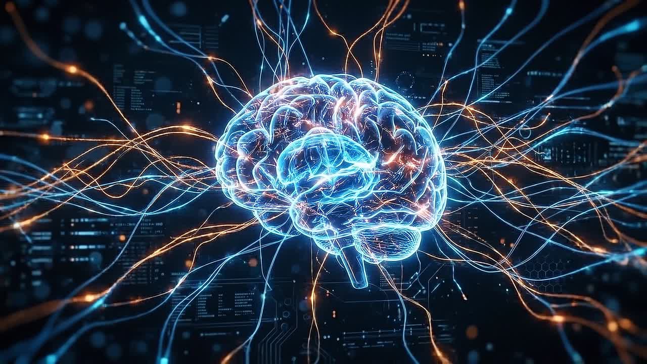 Digital brain with electric connections spreading outward representing data processing and neural network activity