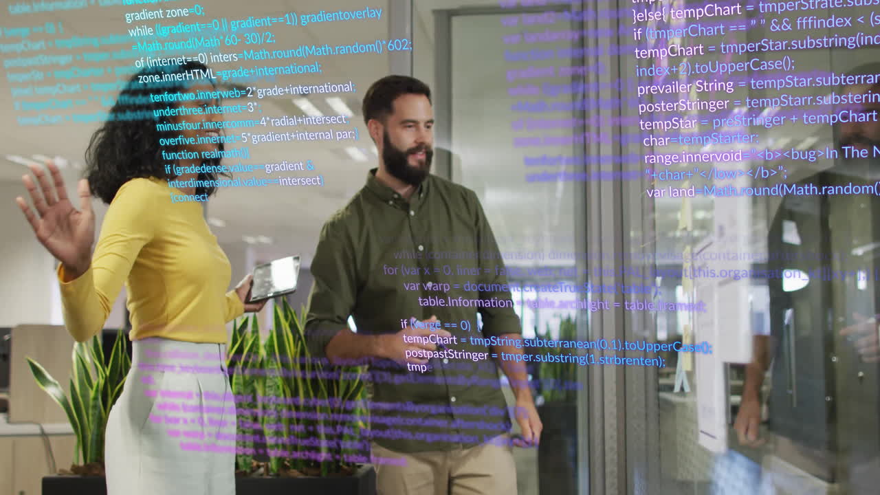 Diverse colleagues discussing in office with digital code overlay animation