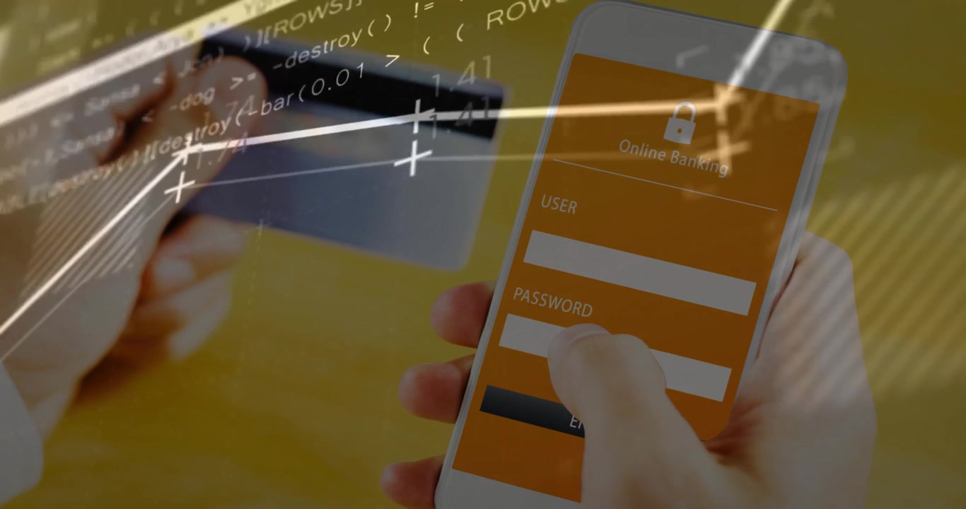 Male hands holding card and hovering thumb over banking login form, starting pulsing data overlays