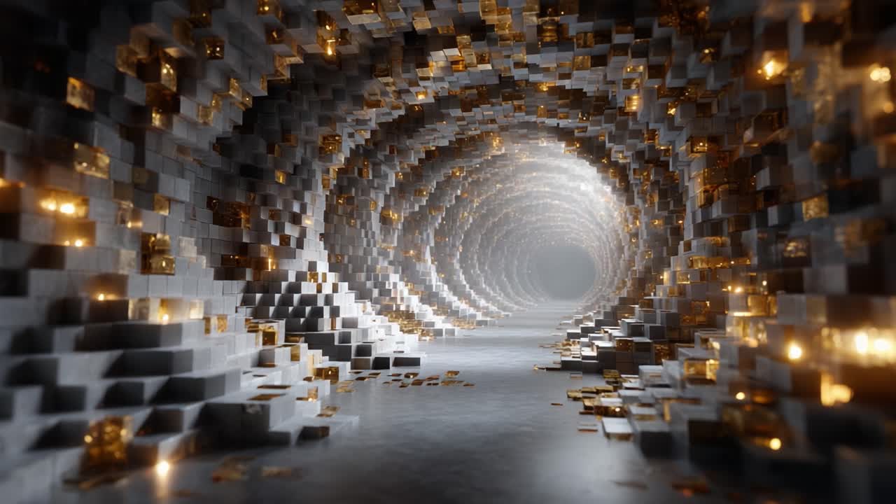 An Enigmatic Journey Through a Glimmering Tunnel of Light and Structure: A Stunning Visualization of Shadows and Reflections within a Geometric Maze