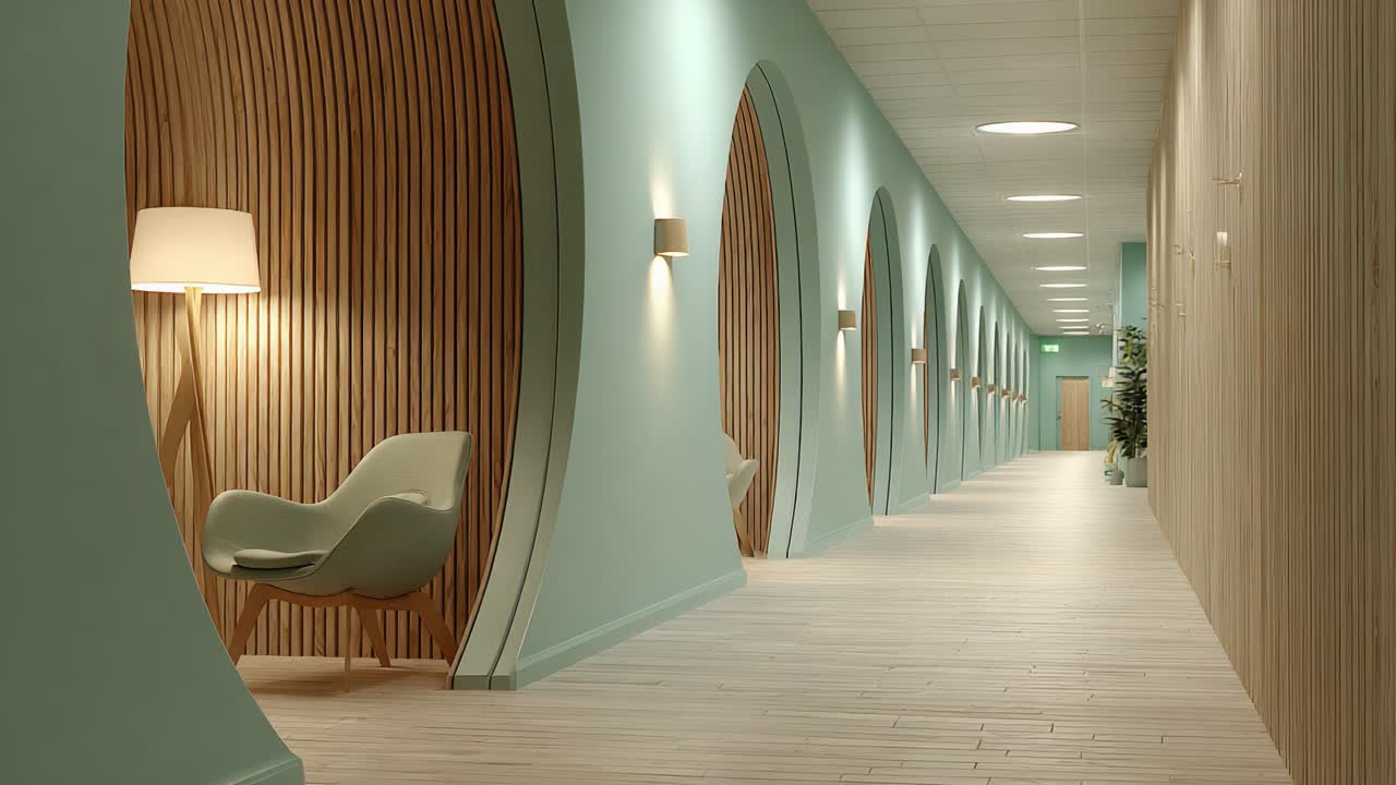 Stylish Interior Design: A Tranquil Modern Corridor Showcasing Elegant Nooks with Soft Lighting and Contemporary Furnishings