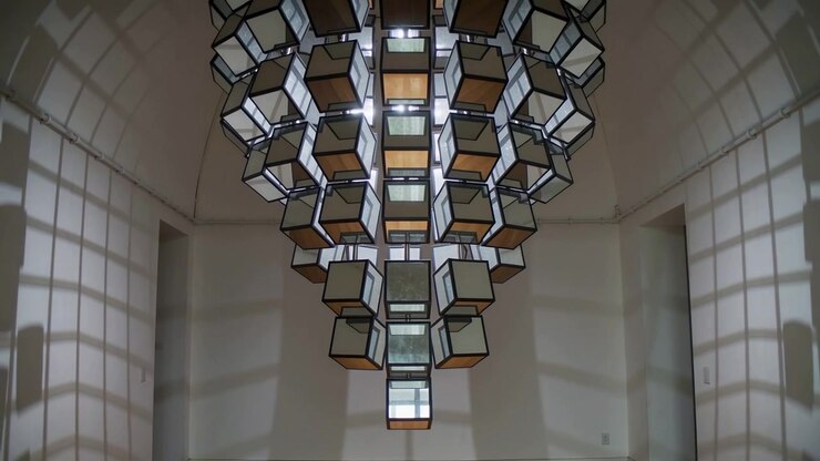 Luce che filtra attraverso i vetri a griglia creando ombre in movimento, opera d'arte a forma di cubo sospeso che ruota in una galleria