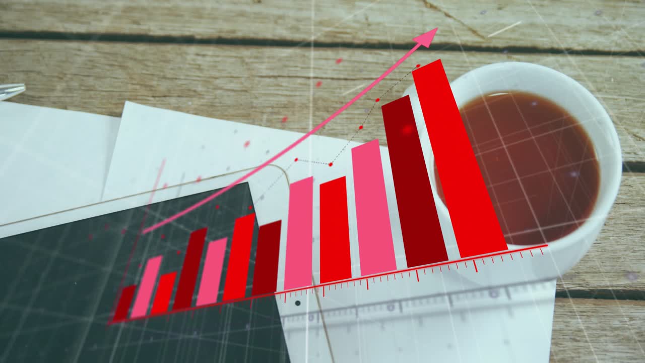 Bar chart emerging, bars growing, arrow tracing rise, mug sliding by pen tablet, emphasizing growth