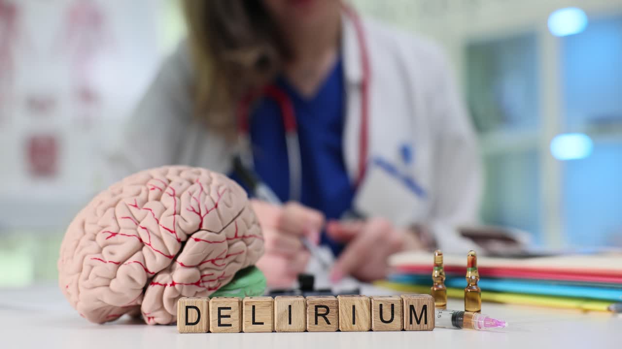 Palavra "delírio" em blocos e modelo de cérebro humano na mesa do médico