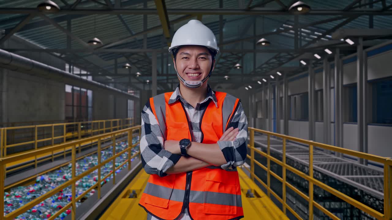 Ingegnere maschio asiatico con elmetto di sicurezza che incrocia le braccia e sorride alla telecamera mentre è in piedi, ispezionando le operazioni di un impianto di riciclo della plastica con nastro trasportatore di bottiglie.