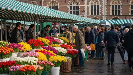 a vibrant flower market displaying colorful tulips and crowds of enthusiastic shoppers enjoying the beauty of nature in an urban setting