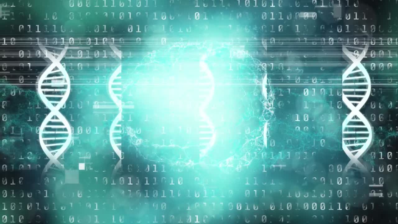 animación de cadenas de adn y cerebro rotando en el espacio digital con código binario