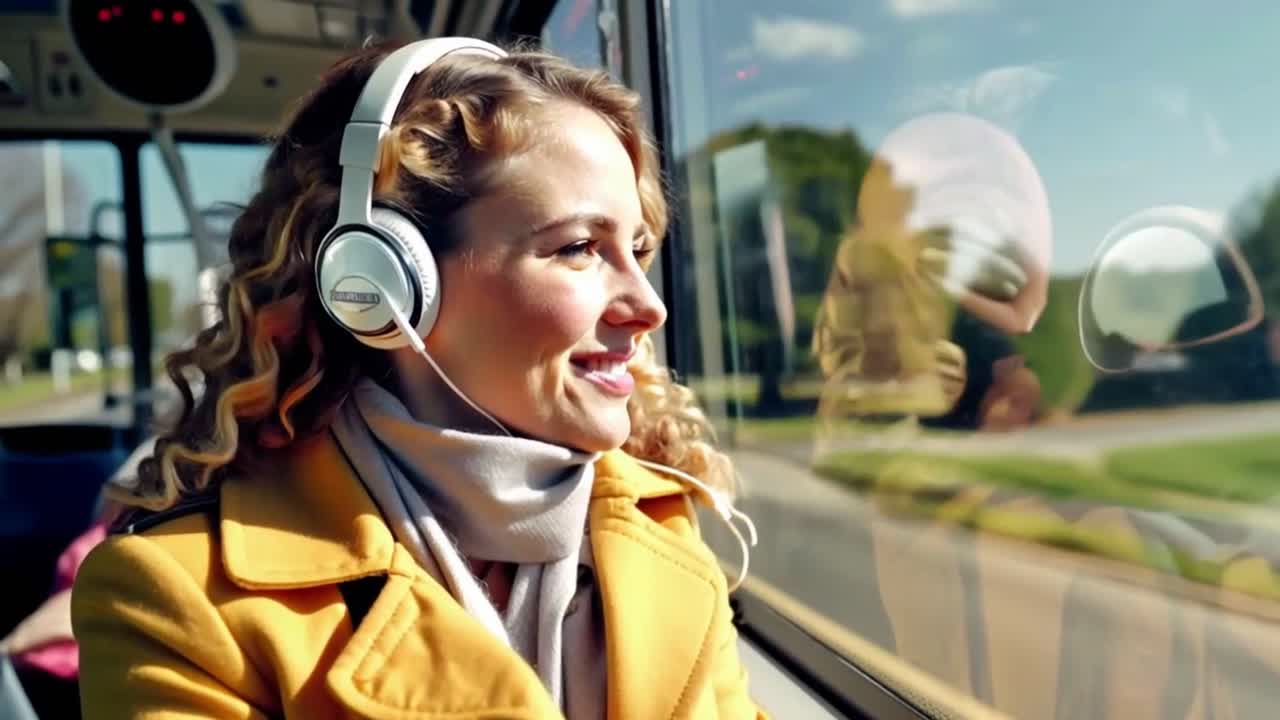 A woman wearing headphones is sitting in a bus