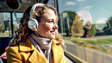 a woman wearing headphones is sitting in a bus