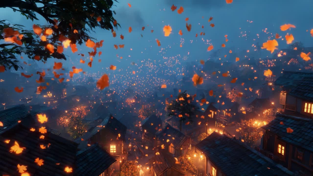 A Serene Evening in a Tranquil Village Surrounded by Floating Autumn Leaves and Glowing Lanterns, Capturing the Essence of Peace and Natural Beauty