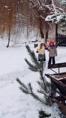 snowy winter day with children and sled