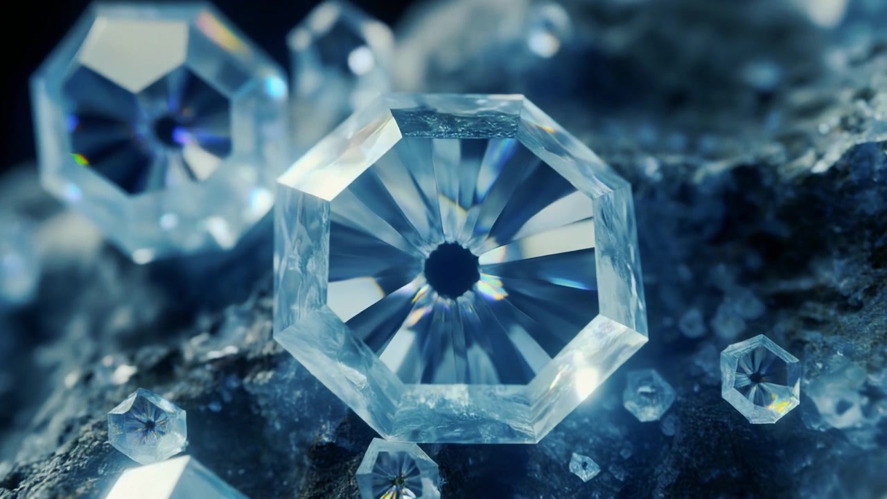 Macro primo piano di cristalli sfaccettati scintillanti incastonati nella roccia