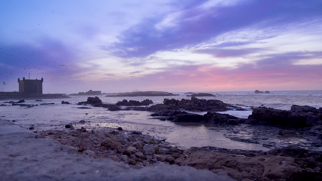 Sunset on the Atlantic coast of the ocean. Sea waves on a rocky shore. Seagulls in the sky near the ancient fortress of Morocco in Essaouira