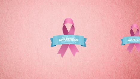 animación de varios logotipos de cinta rosa y texto sobre el cáncer de mama que aparecen sobre un fondo rosa