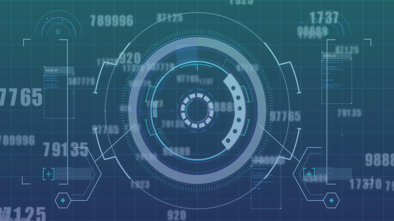 Animation of multiple changing numbers falling over round scanner against blue background