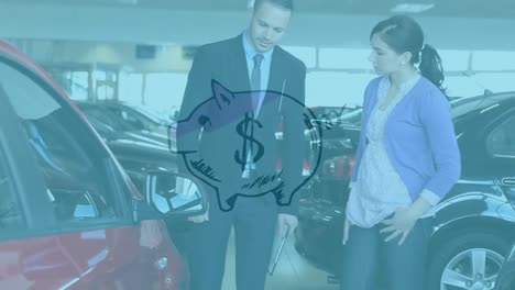 Animation-of-piggybank-over-caucasian-businessman-and-woman-at-car-dealer