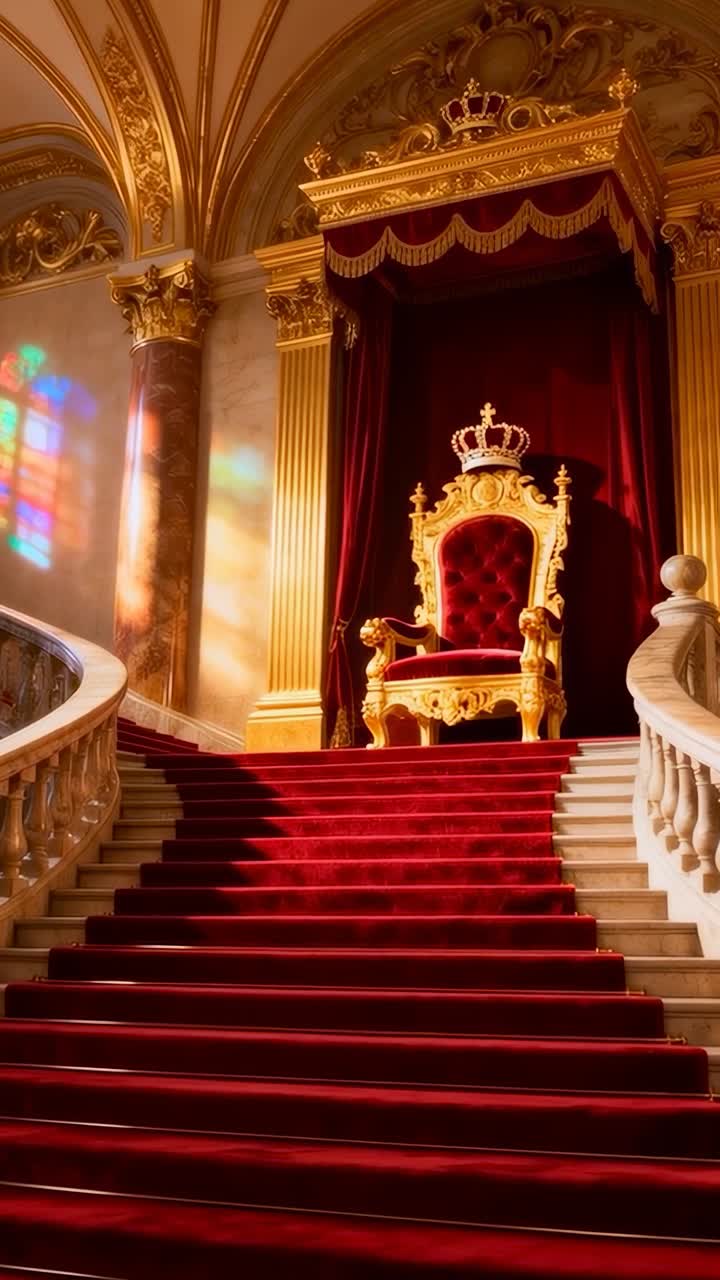 Vertikales Video: Sich bewegende Kamera, die sich in Richtung eines vergoldeten Throns auf einer Treppe mit rotem Teppich bewegt und eine Krone enthüllt