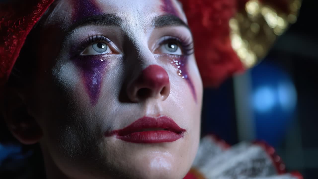 A poignant moment captured in the life of a clown, revealing emotions behind the makeup, showcasing tears and depth beyond the typical performance facade