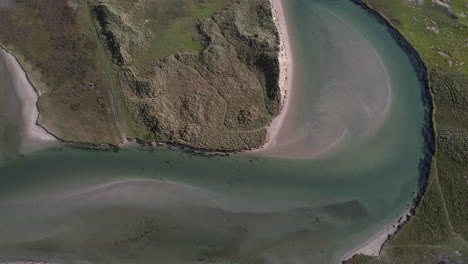 Birds-Eye-Aerial-View-of-Barleycove,-County-Cork,-Ireland,-Picturesque-Bay-Beach-and-Lagoon-on-Sunny-Day,-Top-Down-Drone-Shot