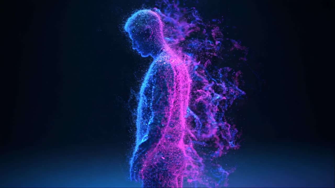 A mesmerizing visual representation of human existence portrayed through vibrant, swirling particles that create an ethereal silhouette emanating colors of blue and pink in a mesmerizing display