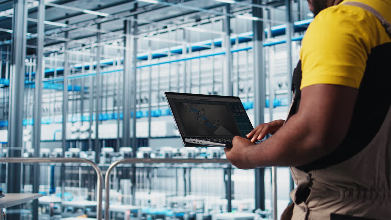 Smart factory engineer designs robotic machines using laptop CAD software