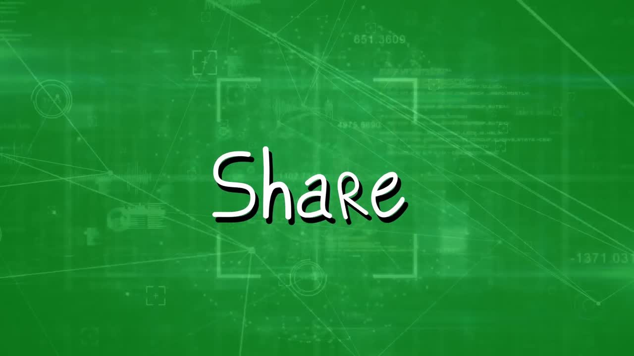 Animation of share text over network of connections and data processing against green background